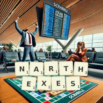 Creative illustration for a Scrabble game with the word NARTHEXES spelled out in tiles on the board.