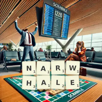 Creative illustration for a Scrabble game with the word NARWHALE spelled out in tiles on the board.