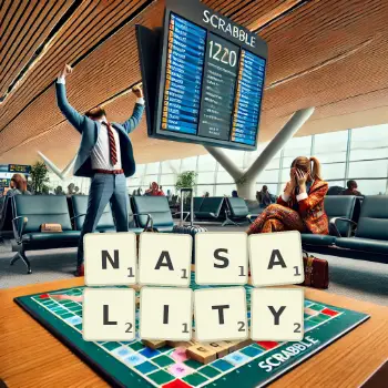 Creative illustration for a Scrabble game with the word NASALITY spelled out in tiles on the board.
