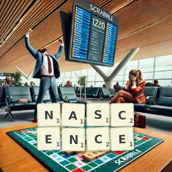 Creative illustration for a Scrabble game with the word NASCENCE spelled out in tiles on the board.