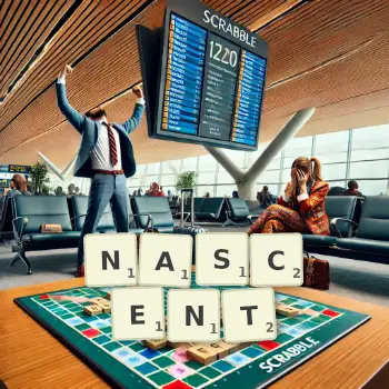 Creative illustration for a Scrabble game with the word NASCENT spelled out in tiles on the board.