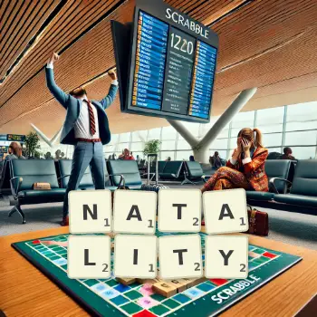 Creative illustration for a Scrabble game with the word NATALITY spelled out in tiles on the board.