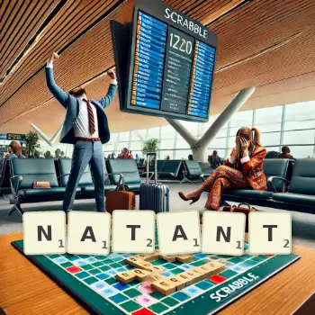 Creative illustration for a Scrabble game with the word NATANT spelled out in tiles on the board.