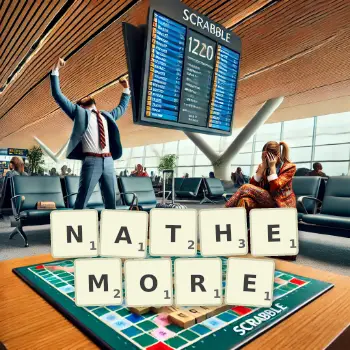 Creative illustration for a Scrabble game with the word NATHEMORE spelled out in tiles on the board.