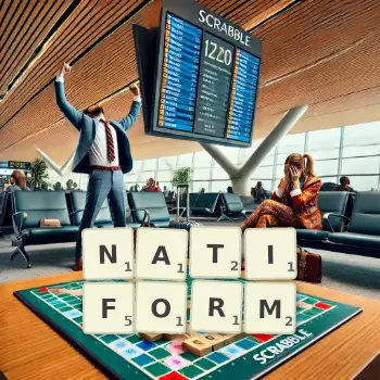 Creative illustration for a Scrabble game with the word NATIFORM spelled out in tiles on the board.