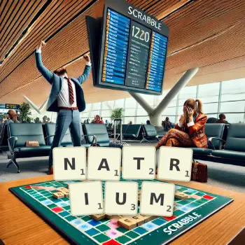 Creative illustration for a Scrabble game with the word NATRIUM spelled out in tiles on the board.