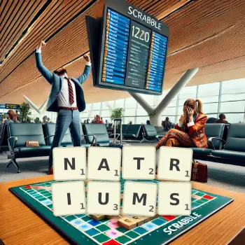 Creative illustration for a Scrabble game with the word NATRIUMS spelled out in tiles on the board.