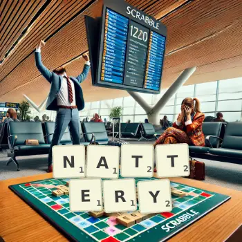 Creative illustration for a Scrabble game with the word NATTERY spelled out in tiles on the board.