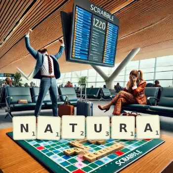 Creative illustration for a Scrabble game with the word NATURA spelled out in tiles on the board.