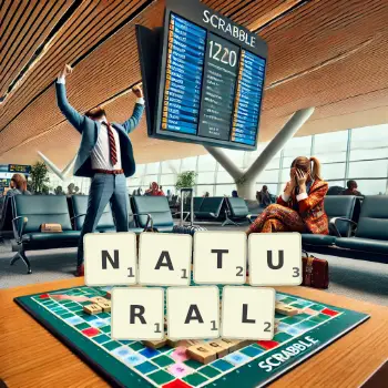 Creative illustration for a Scrabble game with the word NATURAL spelled out in tiles on the board.