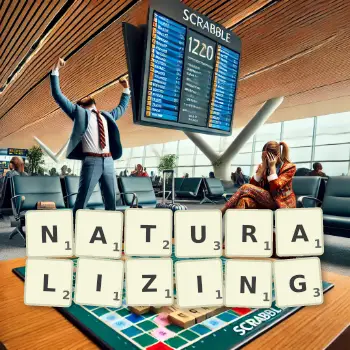 Creative illustration for a Scrabble game with the word NATURALIZING spelled out in tiles on the board.