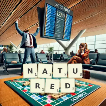 Creative illustration for a Scrabble game with the word NATURED spelled out in tiles on the board.