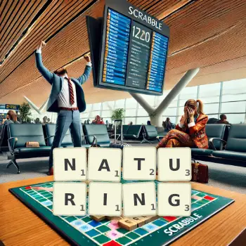 Creative illustration for a Scrabble game with the word NATURING spelled out in tiles on the board.