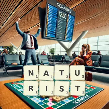 Creative illustration for a Scrabble game with the word NATURIST spelled out in tiles on the board.