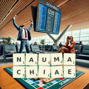 Creative illustration for a Scrabble game with the word NAUMACHIAE spelled out in tiles on the board.