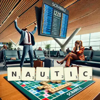 Creative illustration for a Scrabble game with the word NAUTIC spelled out in tiles on the board.