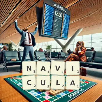 Creative illustration for a Scrabble game with the word NAVICULA spelled out in tiles on the board.