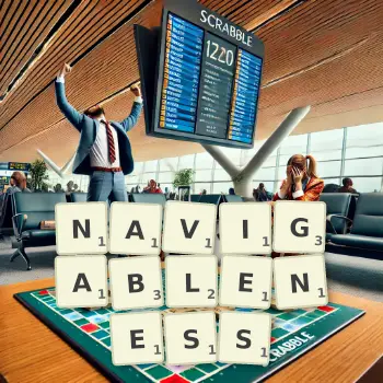 Creative illustration for a Scrabble game with the word NAVIGABLENESS spelled out in tiles on the board.