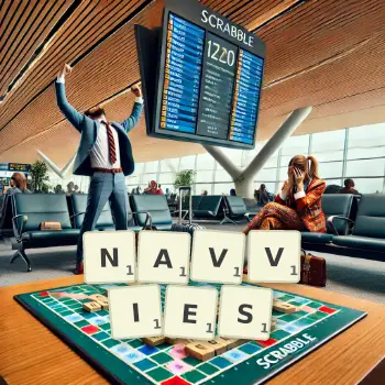 Creative illustration for a Scrabble game with the word NAVVIES spelled out in tiles on the board.