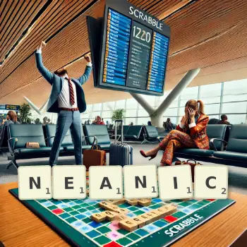 Creative illustration for a Scrabble game with the word NEANIC spelled out in tiles on the board.