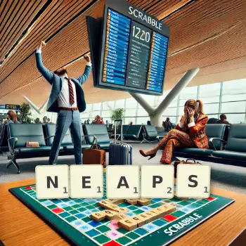 Creative illustration for a Scrabble game with the word NEAPS spelled out in tiles on the board.