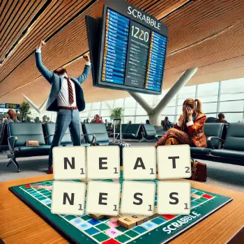 Creative illustration for a Scrabble game with the word NEATNESS spelled out in tiles on the board.
