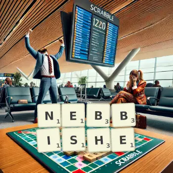 Creative illustration for a Scrabble game with the word NEBBISHE spelled out in tiles on the board.