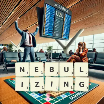 Creative illustration for a Scrabble game with the word NEBULIZING spelled out in tiles on the board.