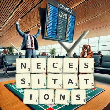 Creative illustration for a Scrabble game with the word NECESSITATIONS spelled out in tiles on the board.
