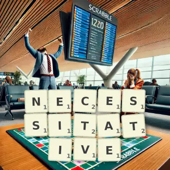 Creative illustration for a Scrabble game with the word NECESSITATIVE spelled out in tiles on the board.