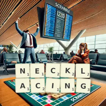 Creative illustration for a Scrabble game with the word NECKLACING spelled out in tiles on the board.