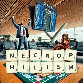 Creative illustration for a Scrabble game with the word NECROPHILISM spelled out in tiles on the board.