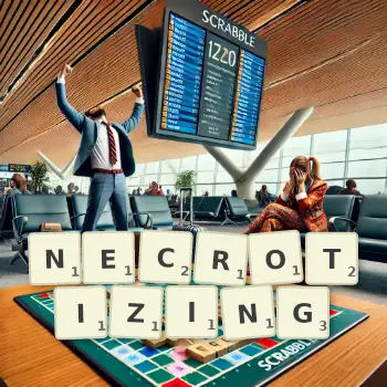 Creative illustration for a Scrabble game with the word NECROTIZING spelled out in tiles on the board.