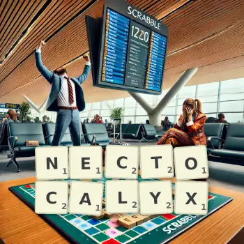 Creative illustration for a Scrabble game with the word NECTOCALYX spelled out in tiles on the board.