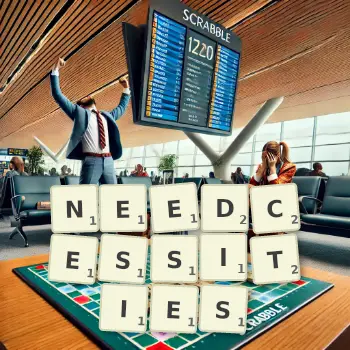 Creative illustration for a Scrabble game with the word NEEDCESSITIES spelled out in tiles on the board.