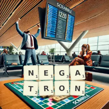Creative illustration for a Scrabble game with the word NEGATRON spelled out in tiles on the board.