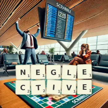 Creative illustration for a Scrabble game with the word NEGLECTIVE spelled out in tiles on the board.