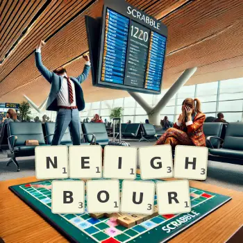 Creative illustration for a Scrabble game with the word NEIGHBOUR spelled out in tiles on the board.