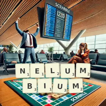 Creative illustration for a Scrabble game with the word NELUMBIUM spelled out in tiles on the board.