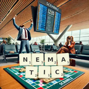 Creative illustration for a Scrabble game with the word NEMATIC spelled out in tiles on the board.