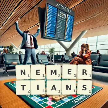 Creative illustration for a Scrabble game with the word NEMERTIANS spelled out in tiles on the board.