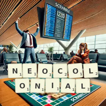 Creative illustration for a Scrabble game with the word NEOCOLONIAL spelled out in tiles on the board.