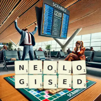 Creative illustration for a Scrabble game with the word NEOLOGISED spelled out in tiles on the board.
