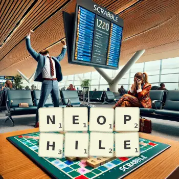 Creative illustration for a Scrabble game with the word NEOPHILE spelled out in tiles on the board.