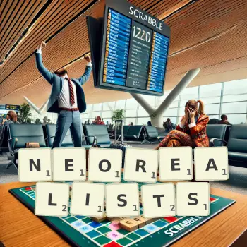 Creative illustration for a Scrabble game with the word NEOREALISTS spelled out in tiles on the board.