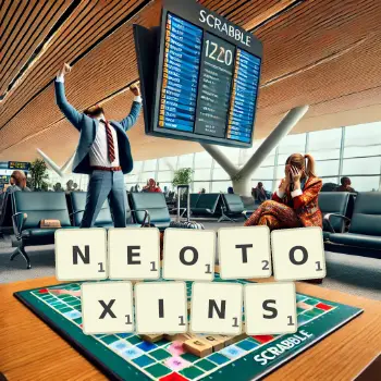 Creative illustration for a Scrabble game with the word NEOTOXINS spelled out in tiles on the board.