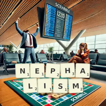 Creative illustration for a Scrabble game with the word NEPHALISM spelled out in tiles on the board.