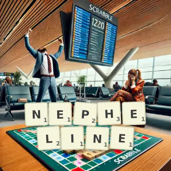 Creative illustration for a Scrabble game with the word NEPHELINE spelled out in tiles on the board.