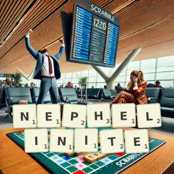 Creative illustration for a Scrabble game with the word NEPHELINITE spelled out in tiles on the board.