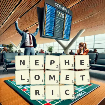 Creative illustration for a Scrabble game with the word NEPHELOMETRIC spelled out in tiles on the board.